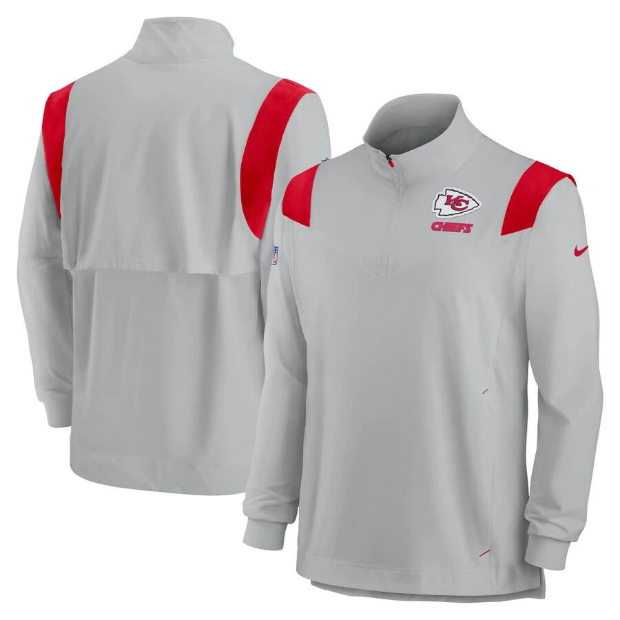 Men's Kansas City Chiefs Nike Gray Sideline Coach Chevron Lockup Quarter-Zip Long Sleeve Top 3 Men's Kansas City Chiefs Nike Gray Sideline Coach Chevron Lockup Quarter-Zip Long Sleeve Top