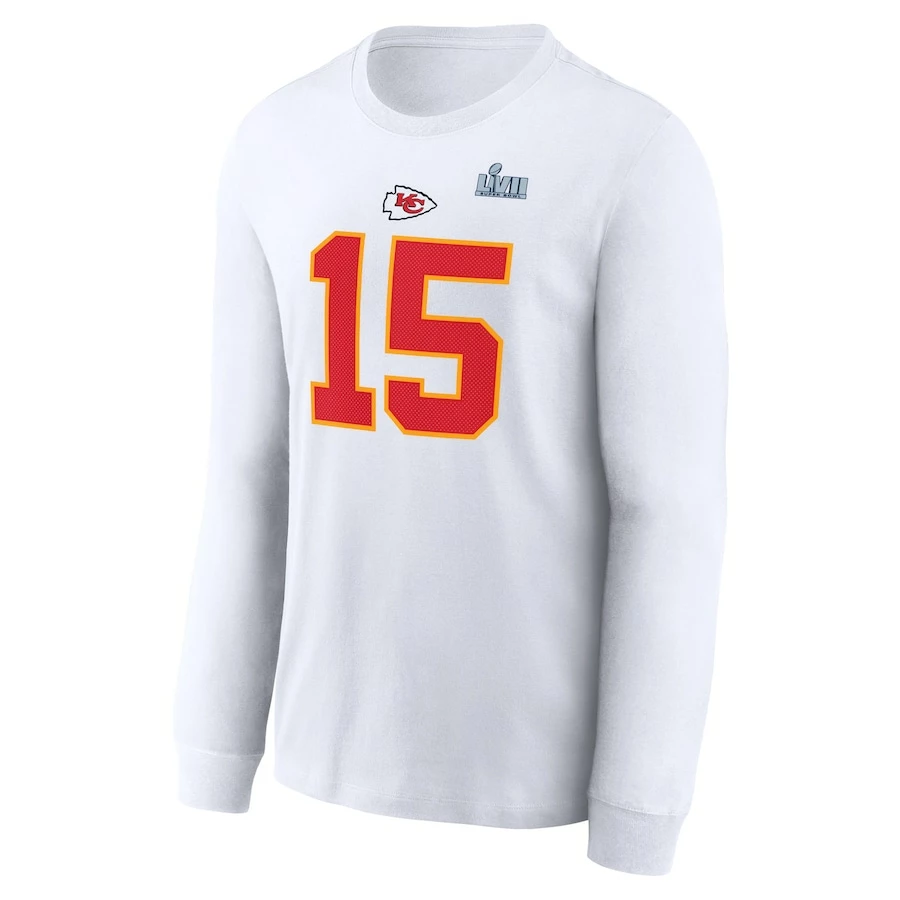 Men's Kansas City Chiefs Patrick Mahomes Nike White Super Bowl LVII Name & Number Long Sleeve T-Shirt 5 Men's Kansas City Chiefs Patrick Mahomes Nike White Super Bowl LVII Name & Number Long Sleeve T-Shirt – Bild 3
