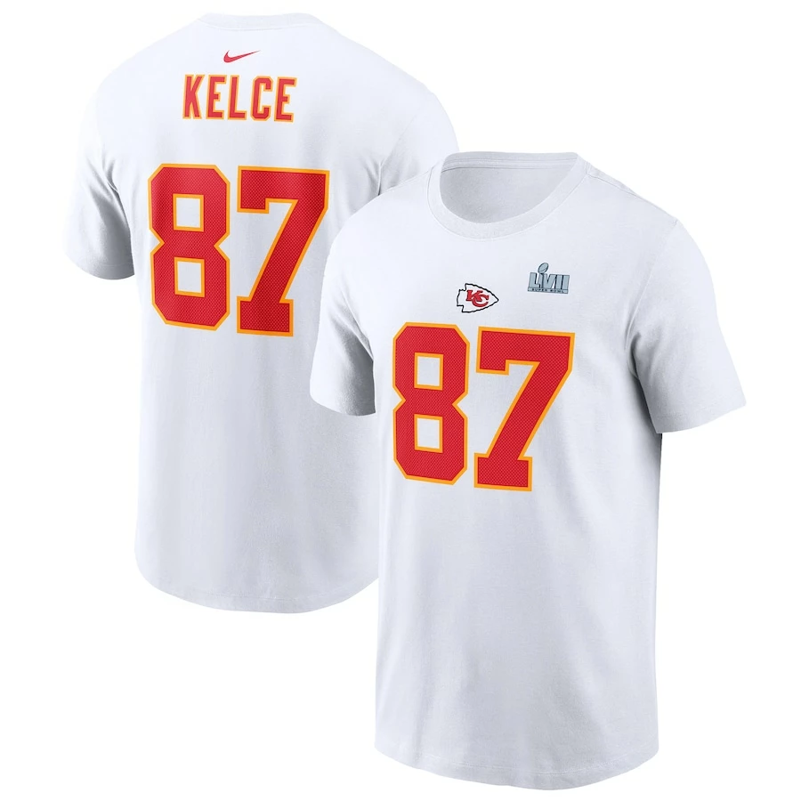 Men's Kansas City Chiefs Travis Kelce Nike White Super Bowl LVII Name & Number T-Shirt 4 Men's Kansas City Chiefs Travis Kelce Nike White Super Bowl LVII Name & Number T-Shirt – Bild 2