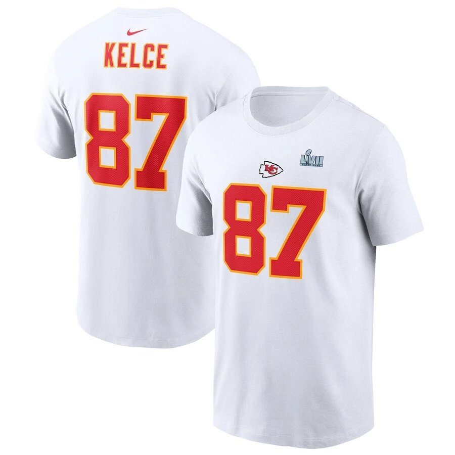 Men's Kansas City Chiefs Travis Kelce Nike White Super Bowl LVII Name & Number T-Shirt 3 Men's Kansas City Chiefs Travis Kelce Nike White Super Bowl LVII Name & Number T-Shirt
