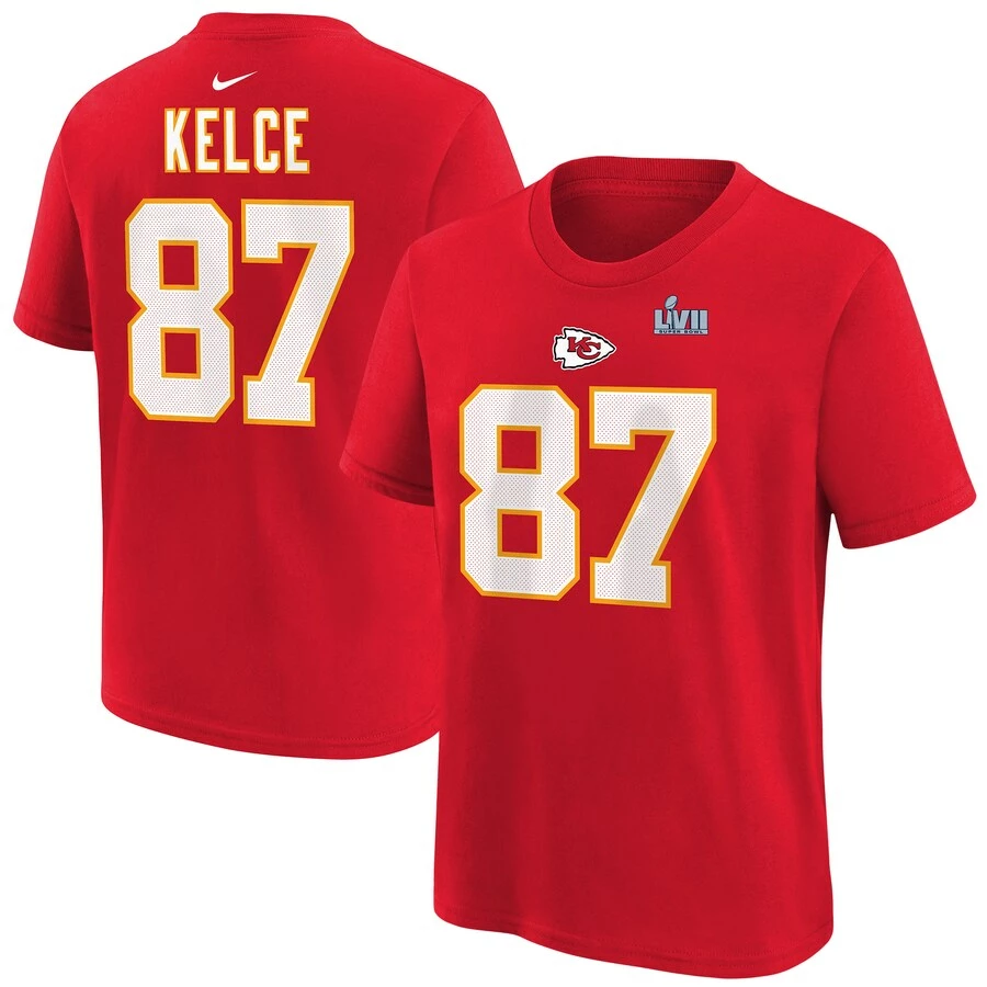 Preschool Kansas City Chiefs Travis Kelce Nike Red Super Bowl LVII Name & Number T-Shirt 3 Preschool Kansas City Chiefs Travis Kelce Nike Red Super Bowl LVII Name & Number T-Shirt