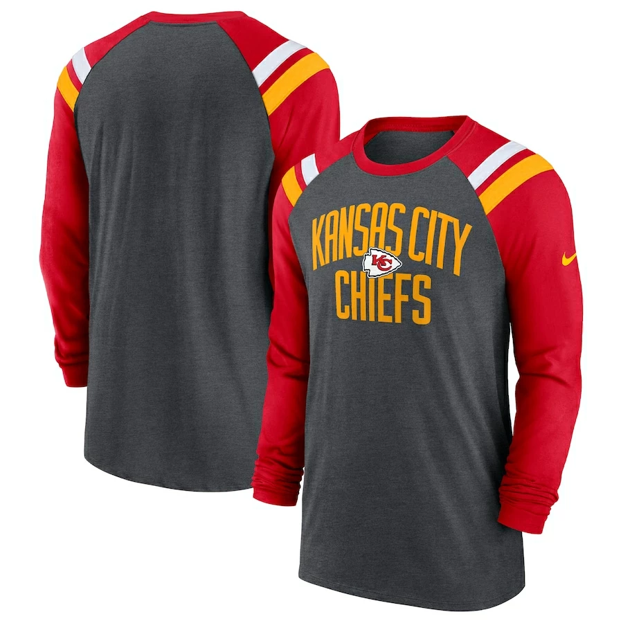 Men's Kansas City Chiefs Nike Heathered Charcoal/Red Tri-Blend Raglan Athletic Long Sleeve Fashion T-Shirt 4 Men's Kansas City Chiefs Nike Heathered Charcoal/Red Tri-Blend Raglan Athletic Long Sleeve Fashion T-Shirt – Bild 2