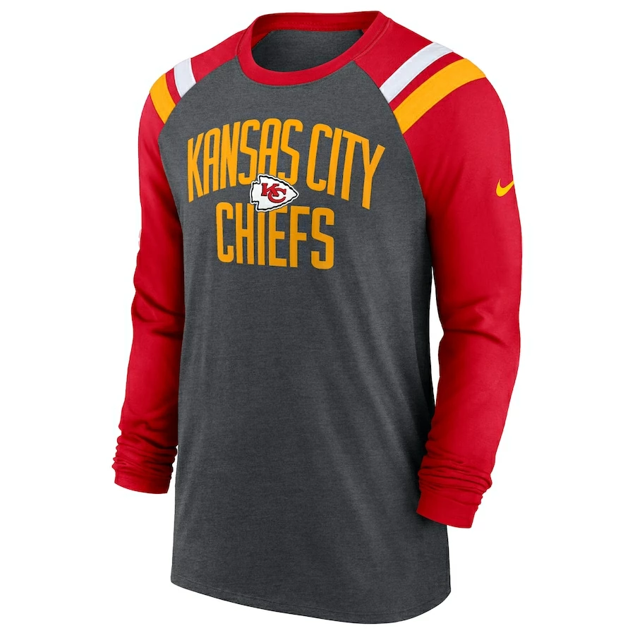 Men's Kansas City Chiefs Nike Heathered Charcoal/Red Tri-Blend Raglan Athletic Long Sleeve Fashion T-Shirt 5 Men's Kansas City Chiefs Nike Heathered Charcoal/Red Tri-Blend Raglan Athletic Long Sleeve Fashion T-Shirt – Bild 3