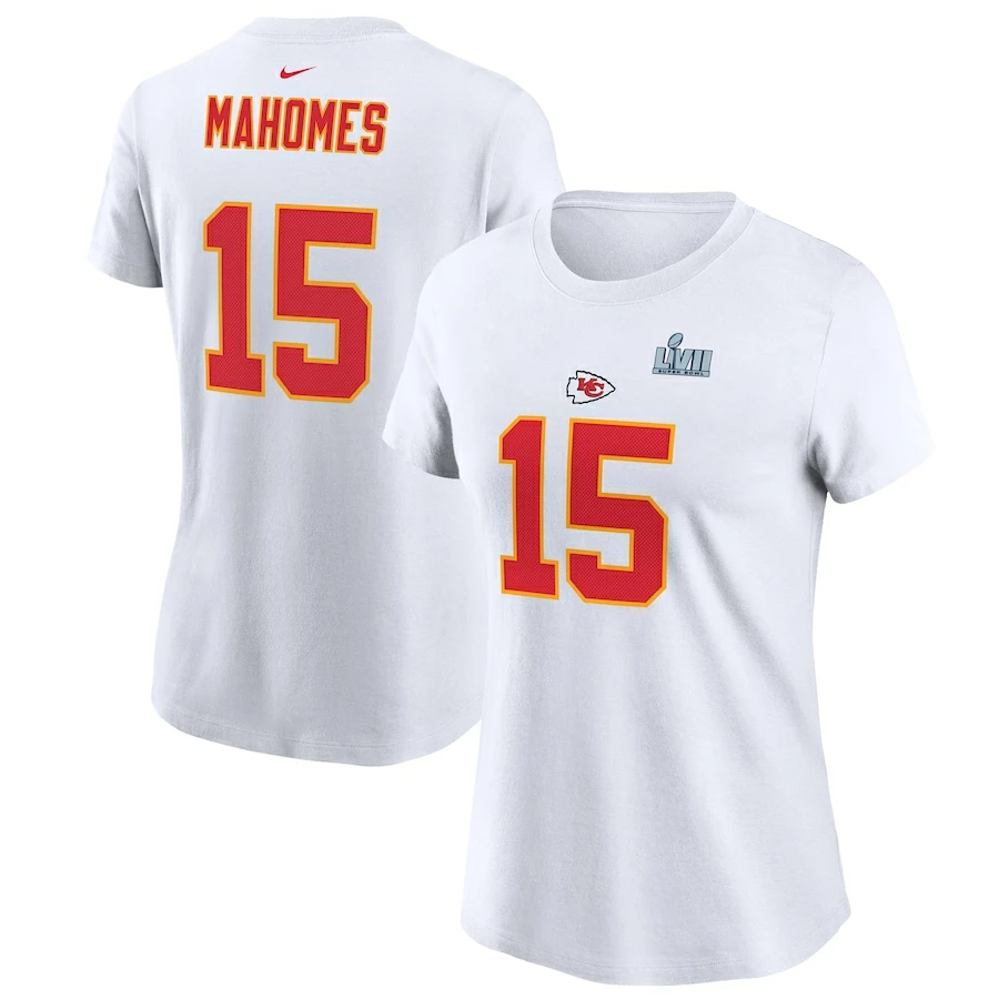 Women's Kansas City Chiefs Patrick Mahomes Nike White Super Bowl LVII Name & Number T-Shirt 4 Women's Kansas City Chiefs Patrick Mahomes Nike White Super Bowl LVII Name & Number T-Shirt – Bild 2