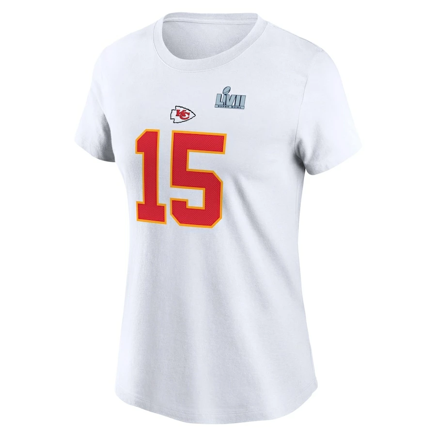 Women's Kansas City Chiefs Patrick Mahomes Nike White Super Bowl LVII Name & Number T-Shirt 5 Women's Kansas City Chiefs Patrick Mahomes Nike White Super Bowl LVII Name & Number T-Shirt – Bild 3
