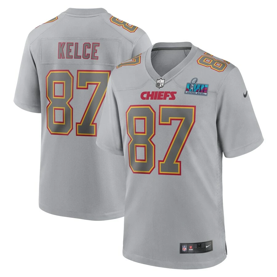 Men's Kansas City Chiefs Travis Kelce Nike Gray Super Bowl LVII Patch Atmosphere Fashion Game Jersey 3 Men's Kansas City Chiefs Travis Kelce Nike Gray Super Bowl LVII Patch Atmosphere Fashion Game Jersey