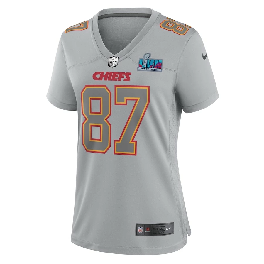 Women's Kansas City Chiefs Travis Kelce Nike Gray Super Bowl LVII Patch Atmosphere Fashion Game Jersey 5 Women's Kansas City Chiefs Travis Kelce Nike Gray Super Bowl LVII Patch Atmosphere Fashion Game Jersey – Bild 3
